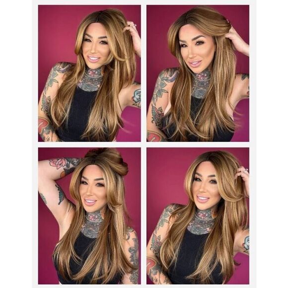 NWT~Beautiful Caramelesque " Fall From Grace" 26" Human Hair Blend Wig - Picture 8 of 8